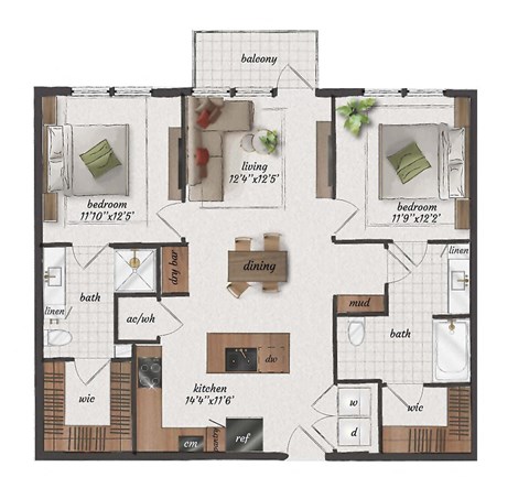 2 Bedroom, 2 Bathroom, 1080 Square Feet - B3-LW ANSI A Floorplan at St. Elmo Apartments in Austin, TX